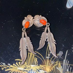 Navajo Sterling Silver Coral Feather Earrings